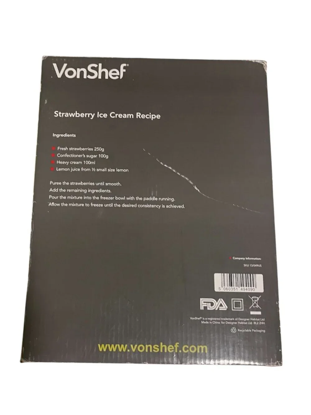 VonShef 1.5L Ice Cream, Frozen Yogurt, and Sorbet Maker NWT